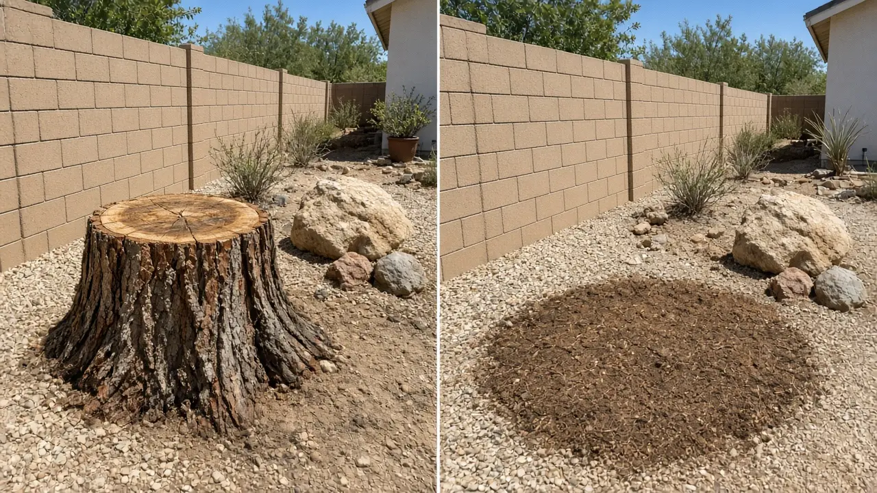 Before and after: stump replaced by clean level soil