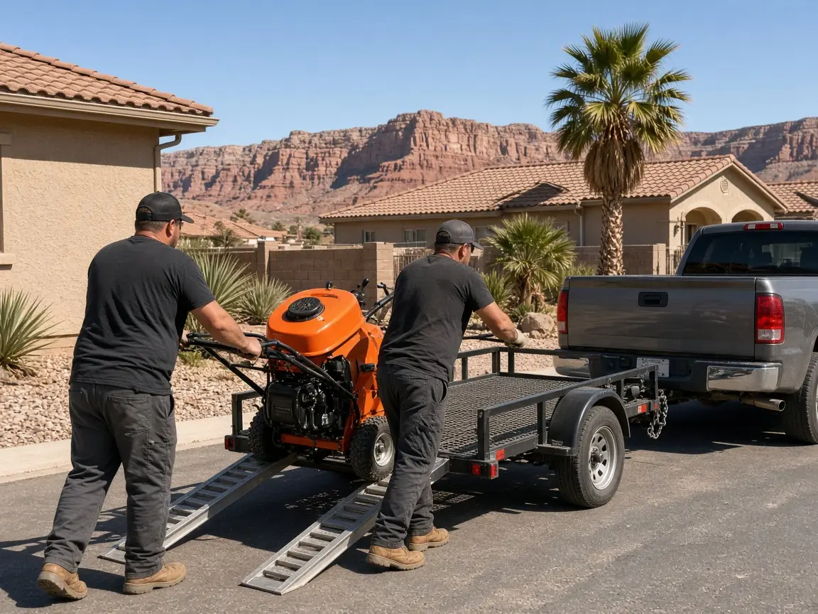 Crew loading a stump grinder onto a trailer in a driveway