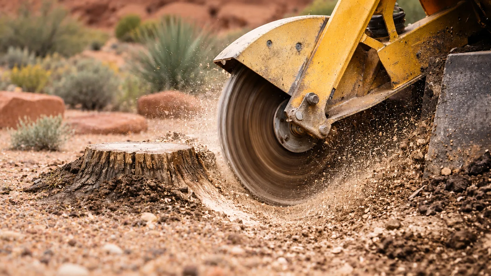 Stump grinder wheel cutting a stump in red desert soil